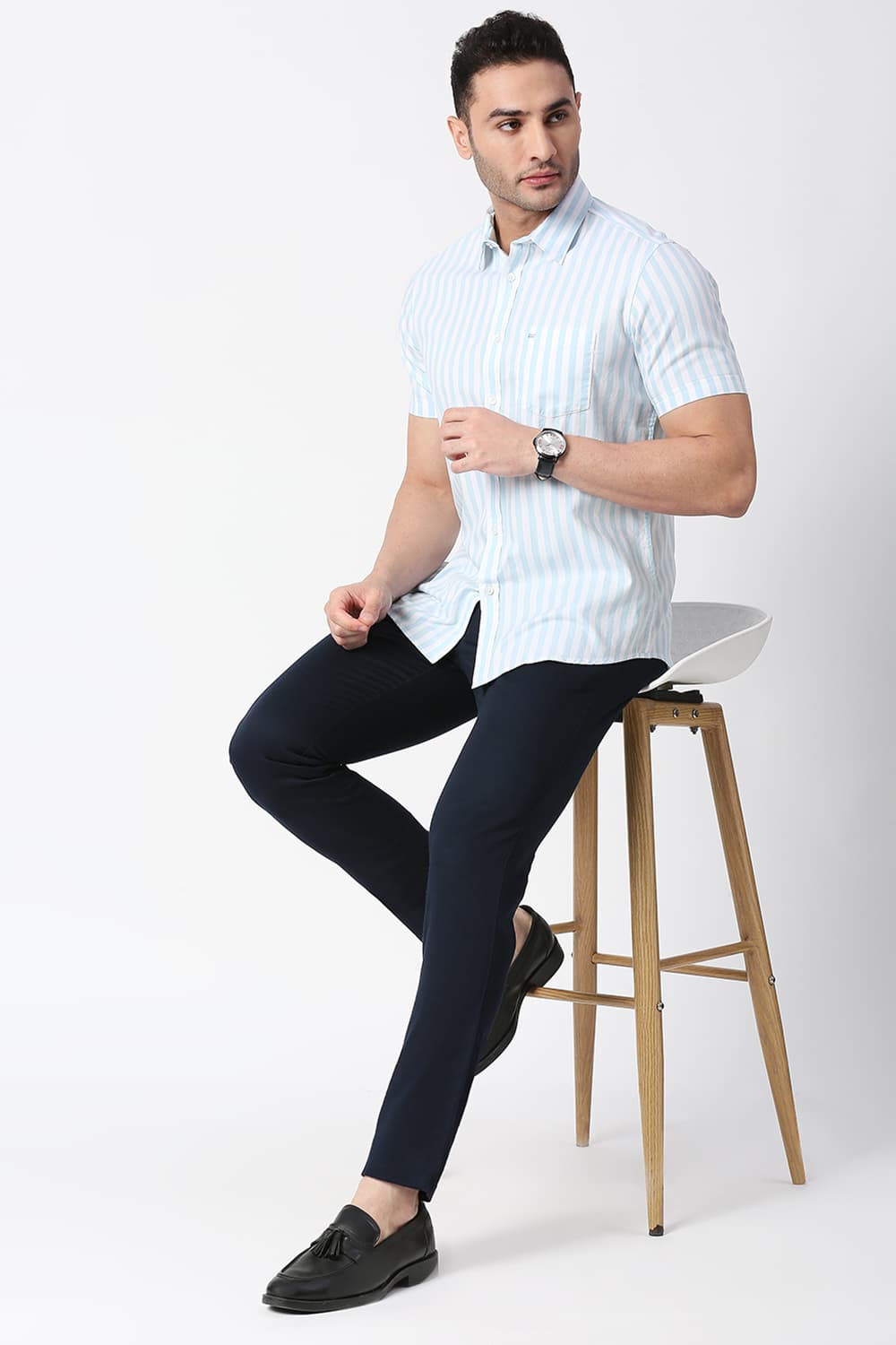 Slim Fit Cotton Twill Stripe Halfsleeves Shirt