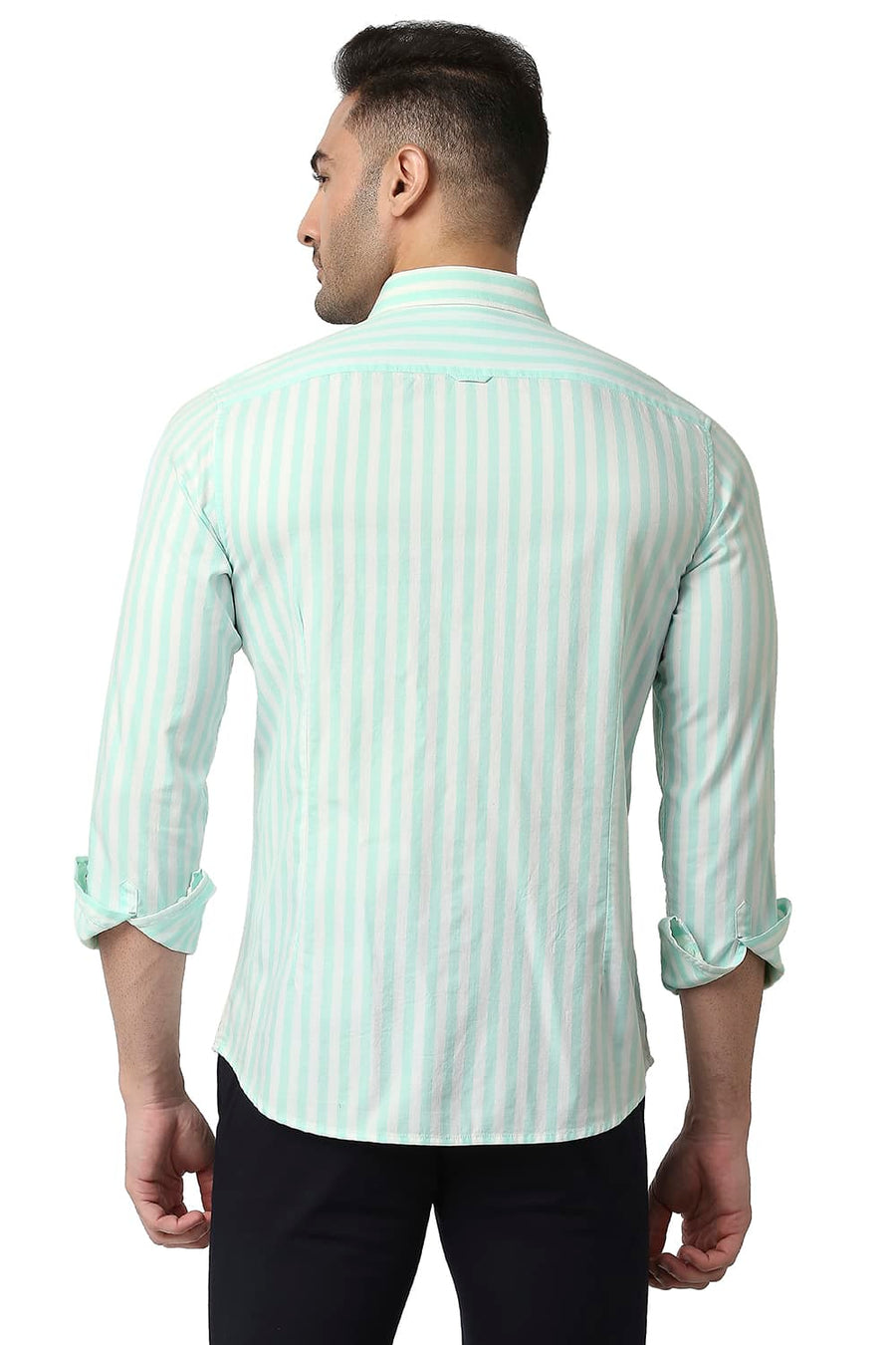 BASICS SLIM FIT MIST GREEN COTTON TWILL STRIPE SHIRT