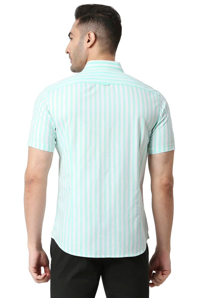 BASICS SLIM FIT COTTON TWILL STRIPE HALFSLEEVES SHIRT