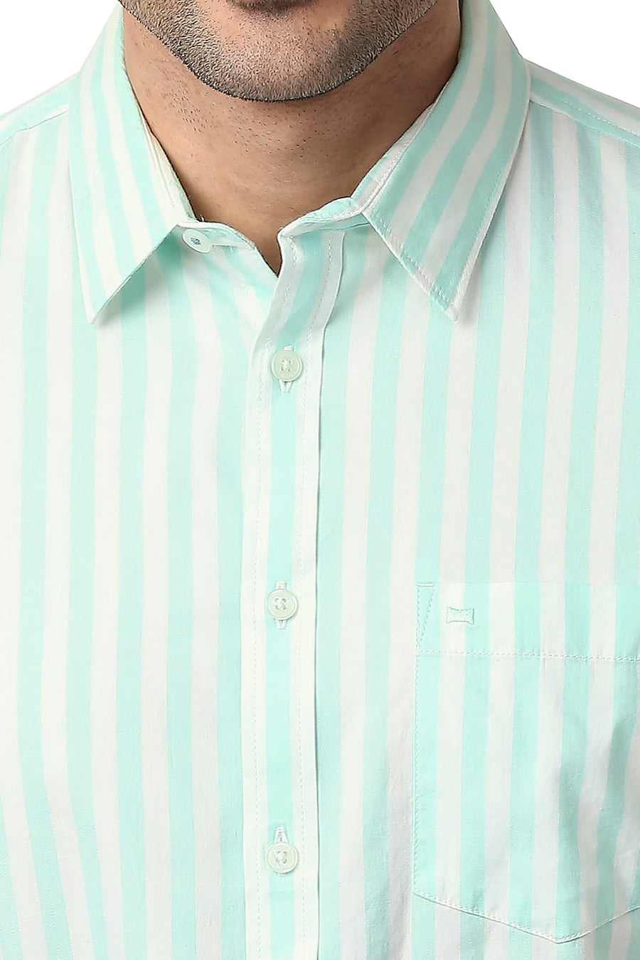 BASICS SLIM FIT MIST GREEN COTTON TWILL STRIPE SHIRT