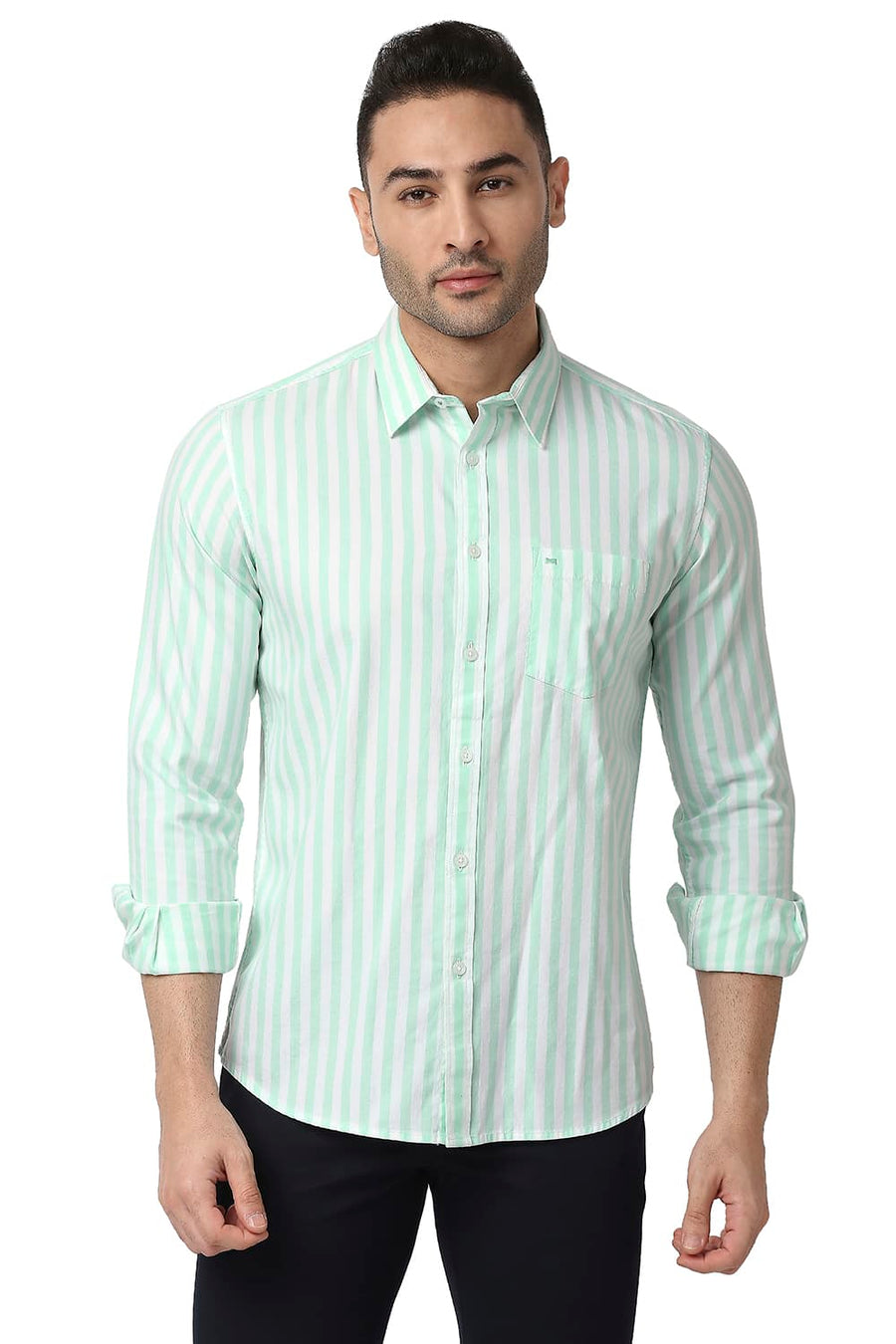 BASICS SLIM FIT MIST GREEN COTTON TWILL STRIPE SHIRT