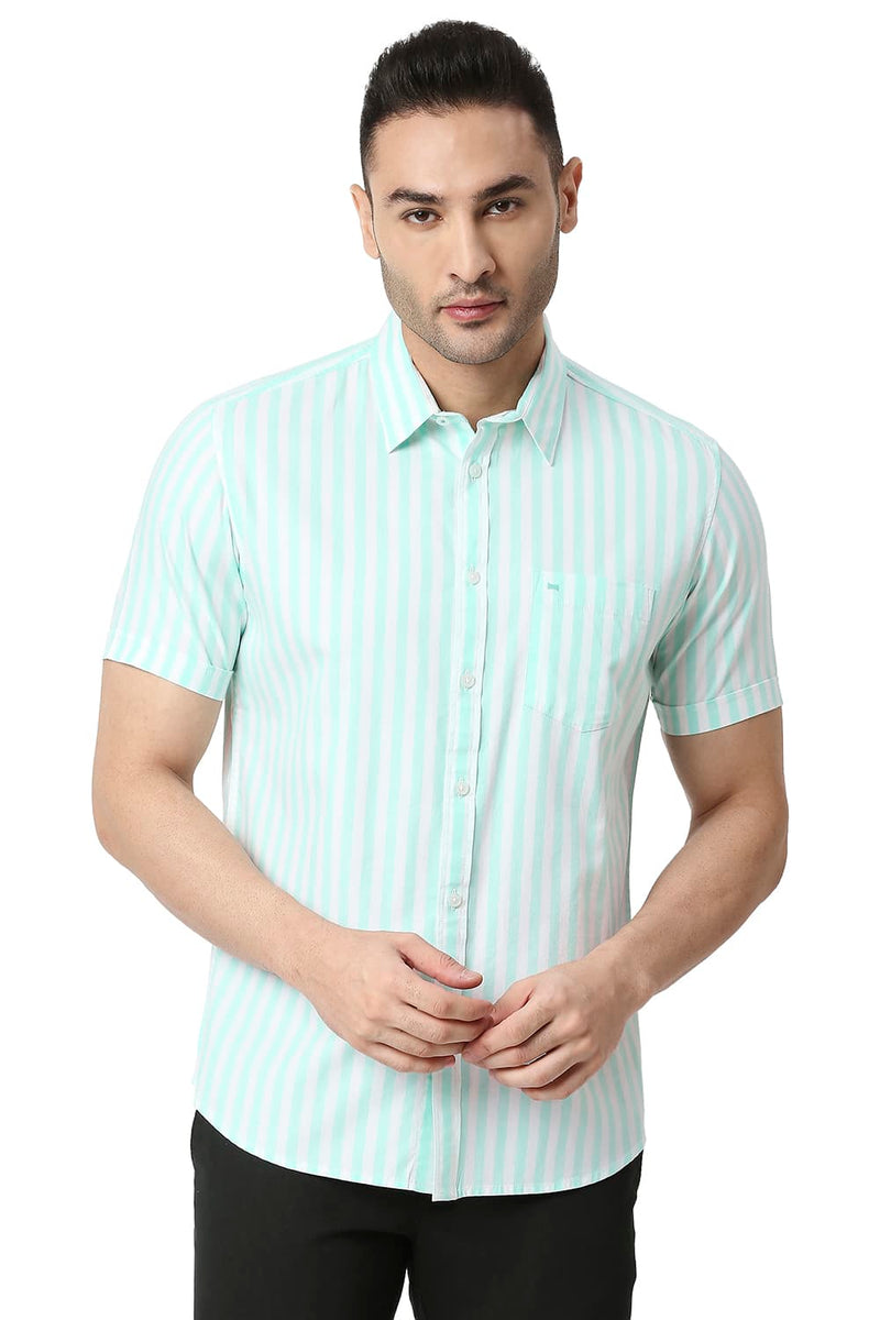 BASICS SLIM FIT COTTON TWILL STRIPE HALFSLEEVES SHIRT