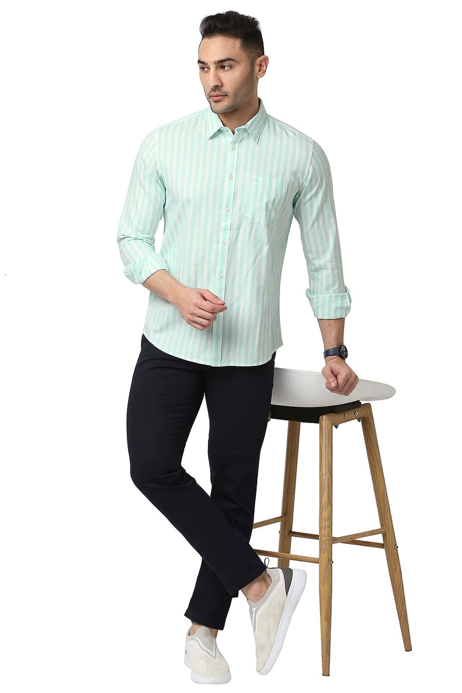 BASICS SLIM FIT MIST GREEN COTTON TWILL STRIPE SHIRT