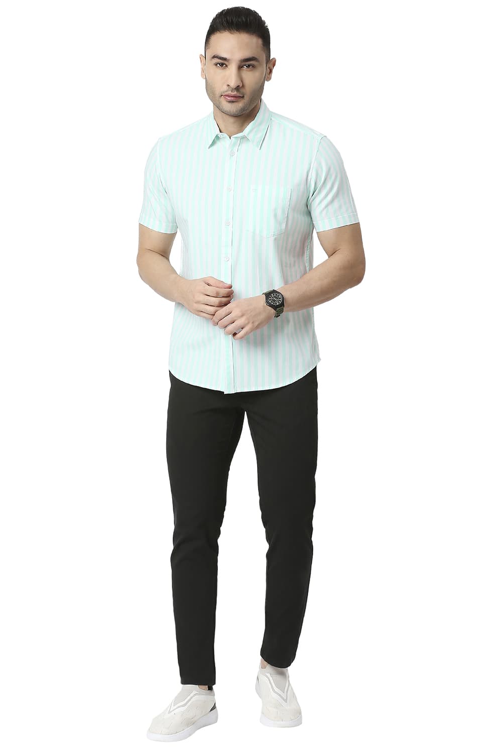 BASICS SLIM FIT COTTON TWILL STRIPE HALFSLEEVES SHIRT