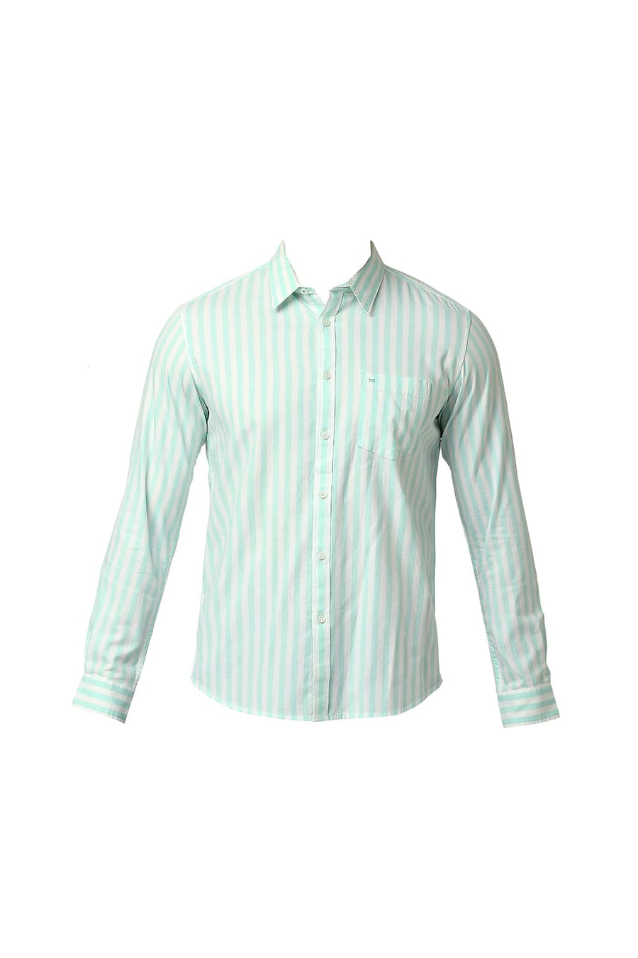 BASICS SLIM FIT MIST GREEN COTTON TWILL STRIPE SHIRT