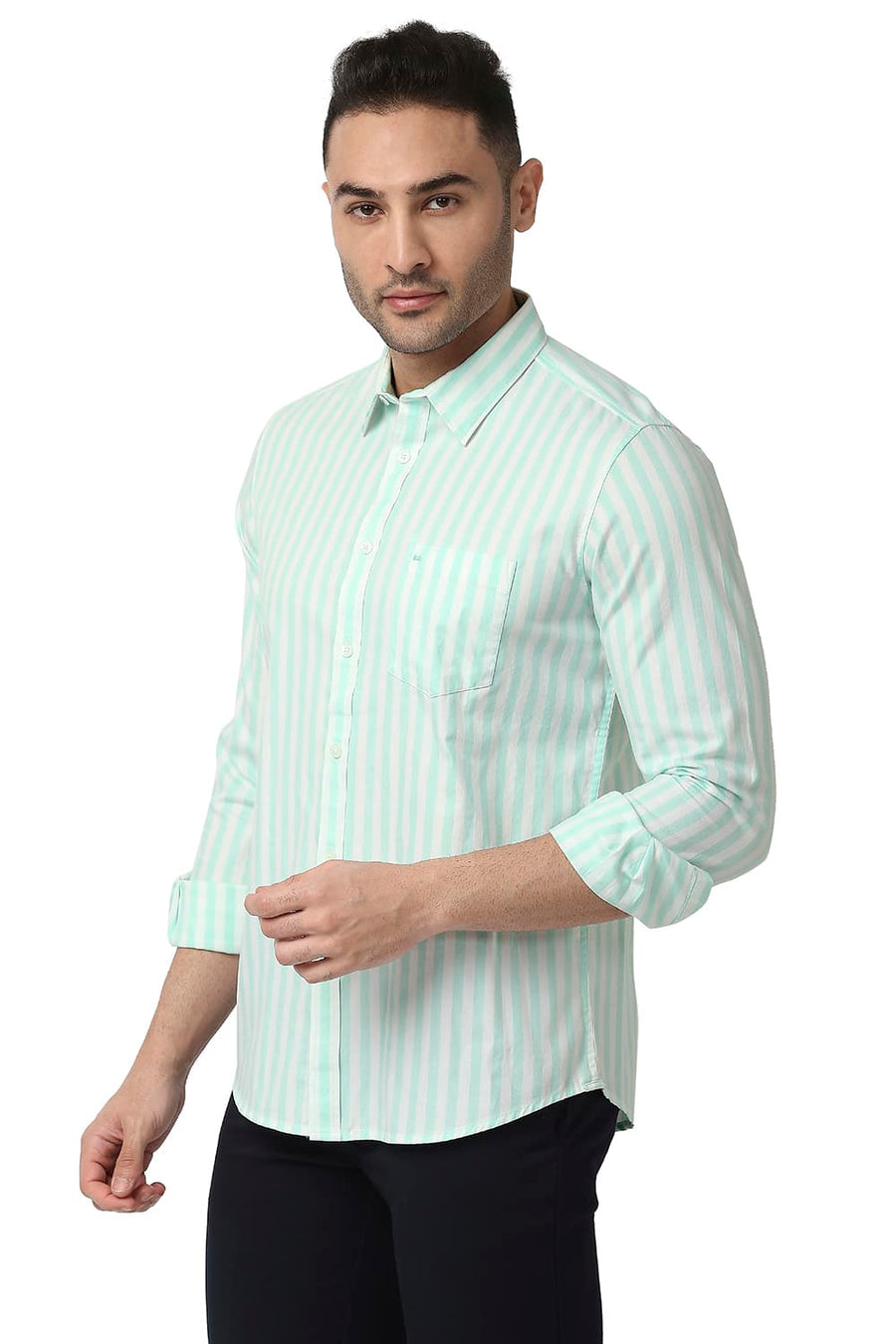 BASICS SLIM FIT MIST GREEN COTTON TWILL STRIPE SHIRT