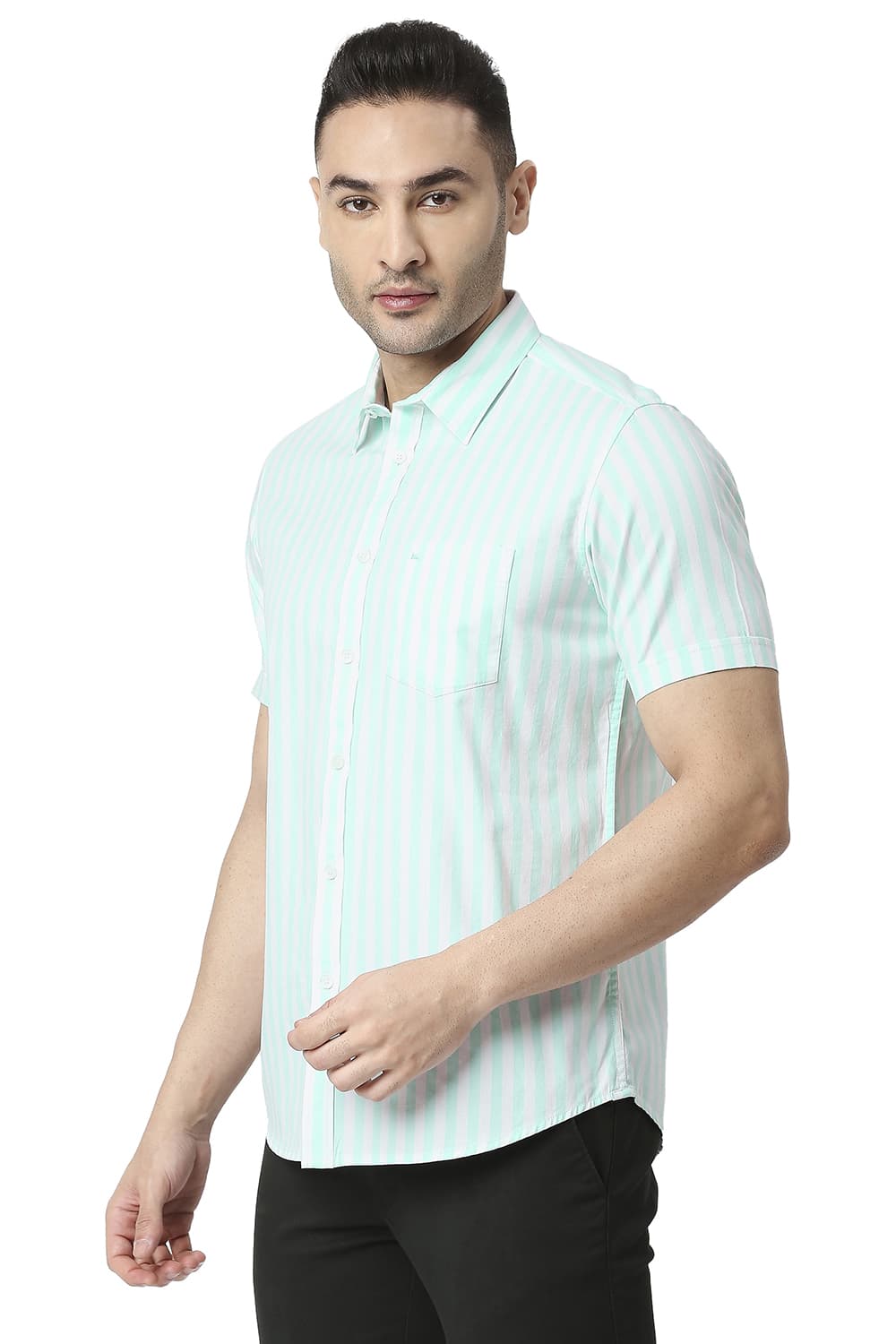 BASICS SLIM FIT COTTON TWILL STRIPE HALFSLEEVES SHIRT