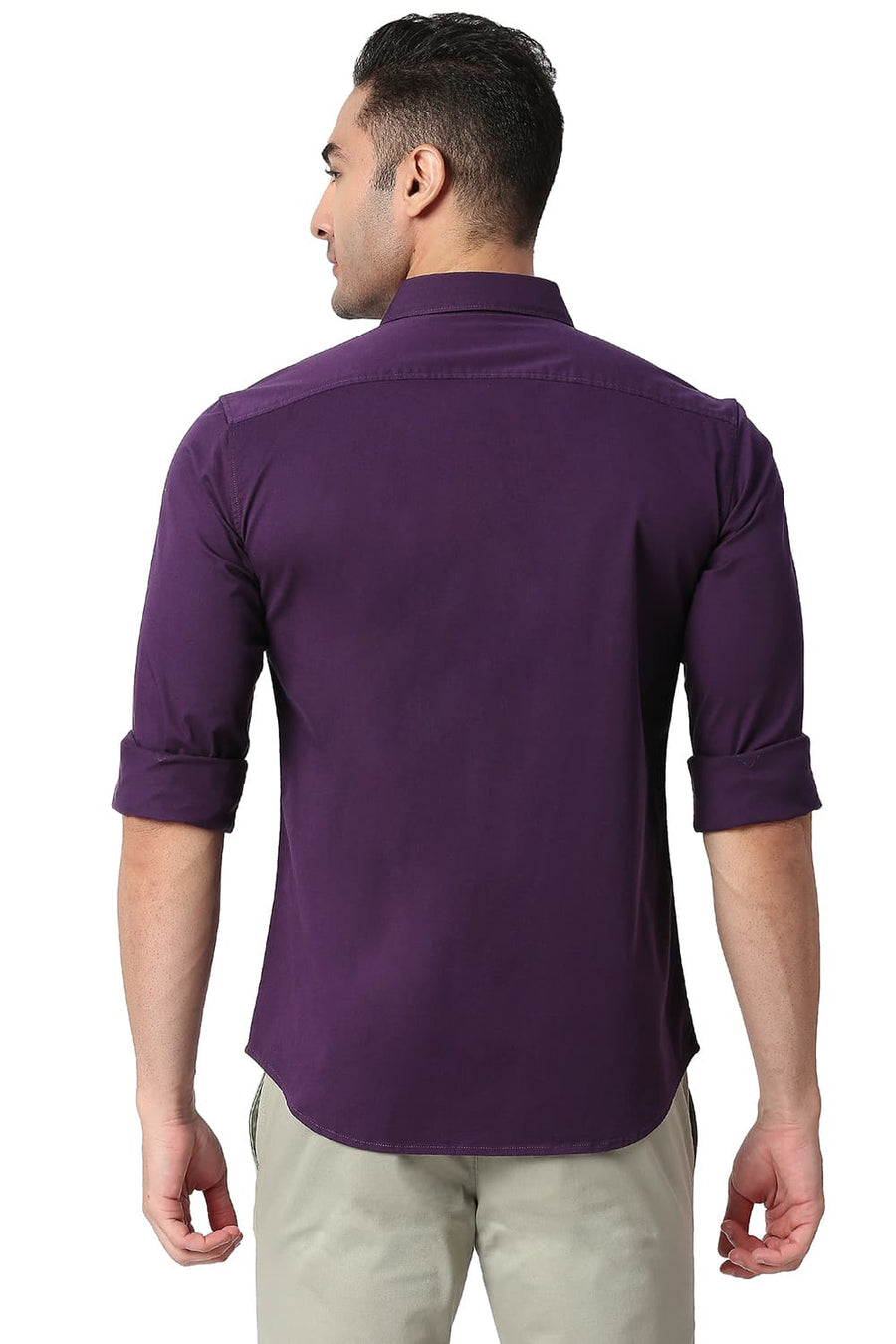 BASICS SLIM FIT PLUM PURPLE COTTON TWILL STRETCH SHIRT