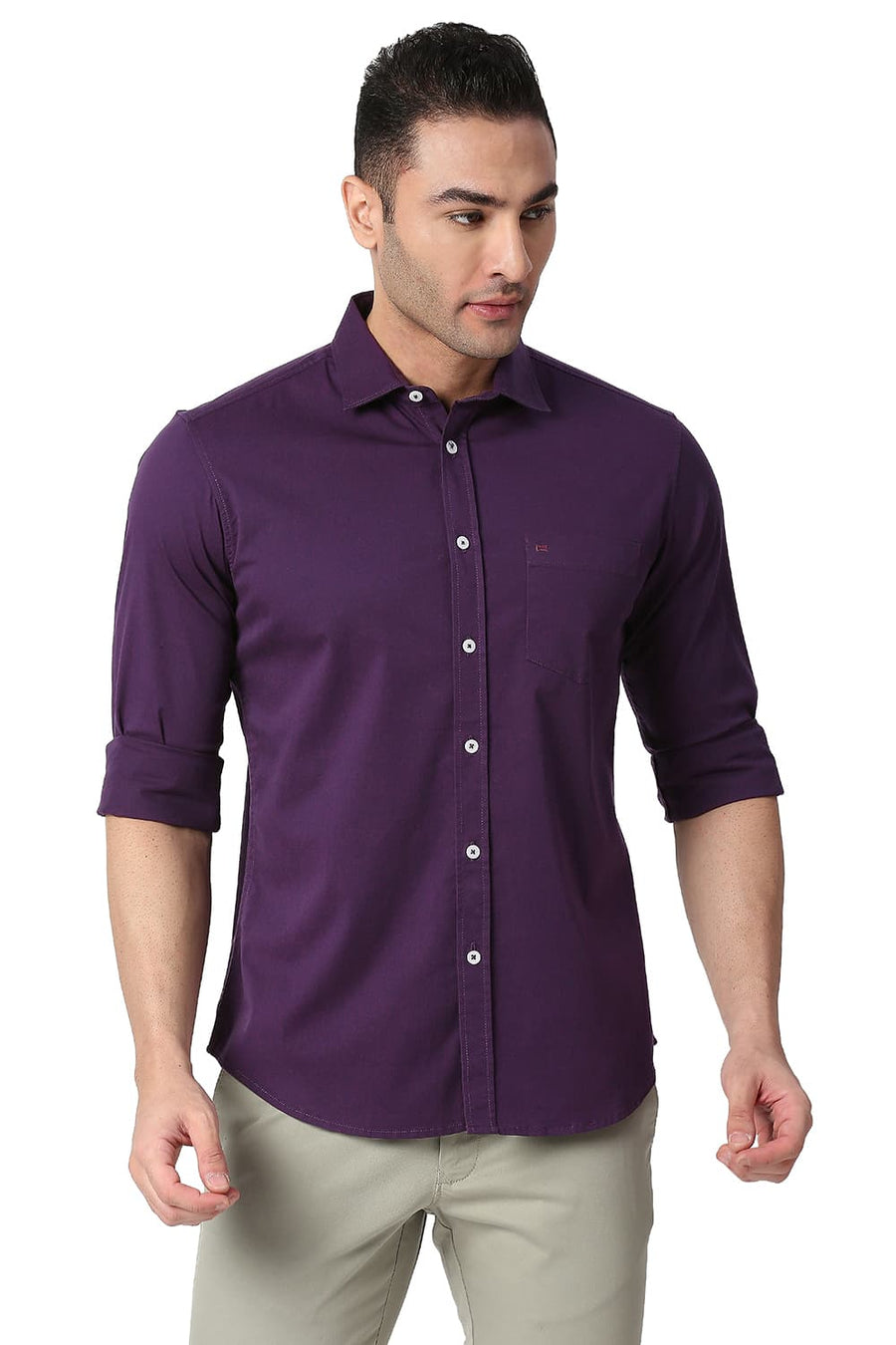 BASICS SLIM FIT PLUM PURPLE COTTON TWILL STRETCH SHIRT