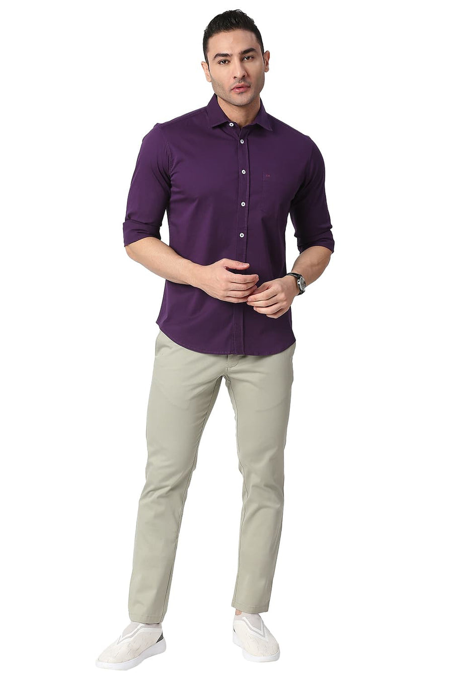 BASICS SLIM FIT PLUM PURPLE COTTON TWILL STRETCH SHIRT