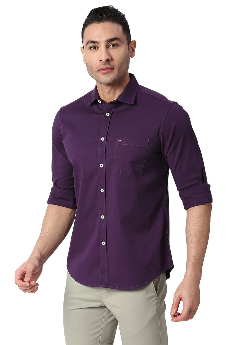 BASICS SLIM FIT PLUM PURPLE COTTON TWILL STRETCH SHIRT