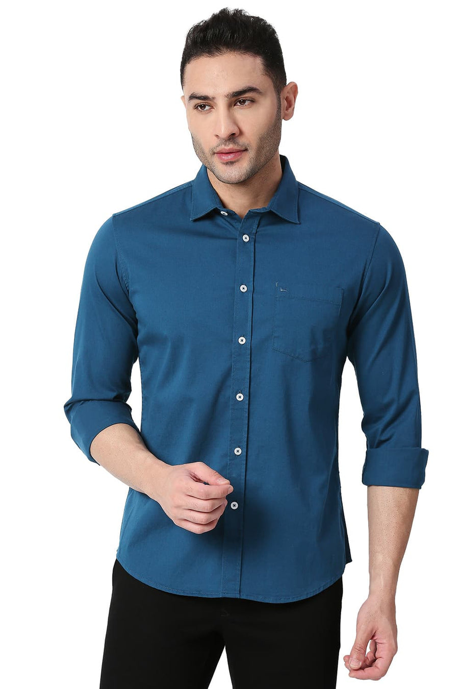 BASICS SLIM FIT SAILOR BLUE COTTON TWILL STRETCH SHIRT