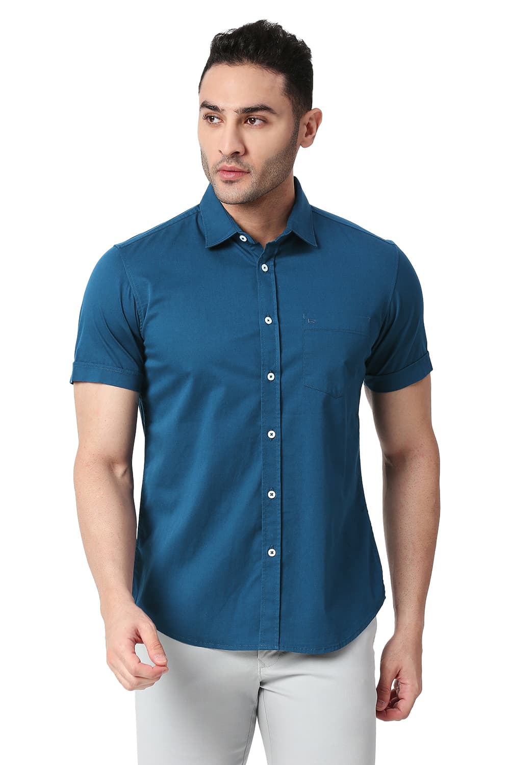 BASICS SLIM FIT COTTON TWILL STRETCH HALFSLEEVES SHIRT