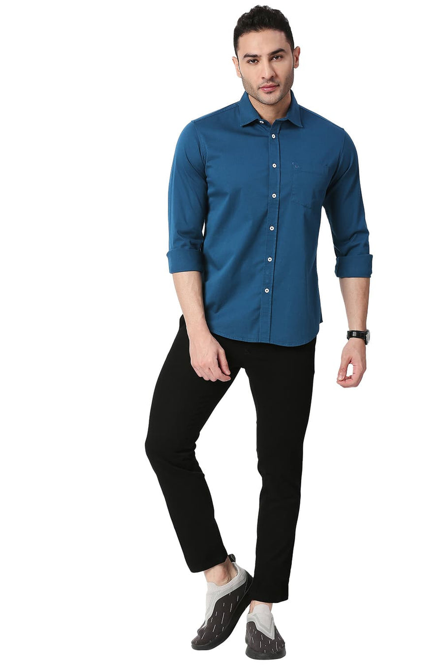 BASICS SLIM FIT SAILOR BLUE COTTON TWILL STRETCH SHIRT