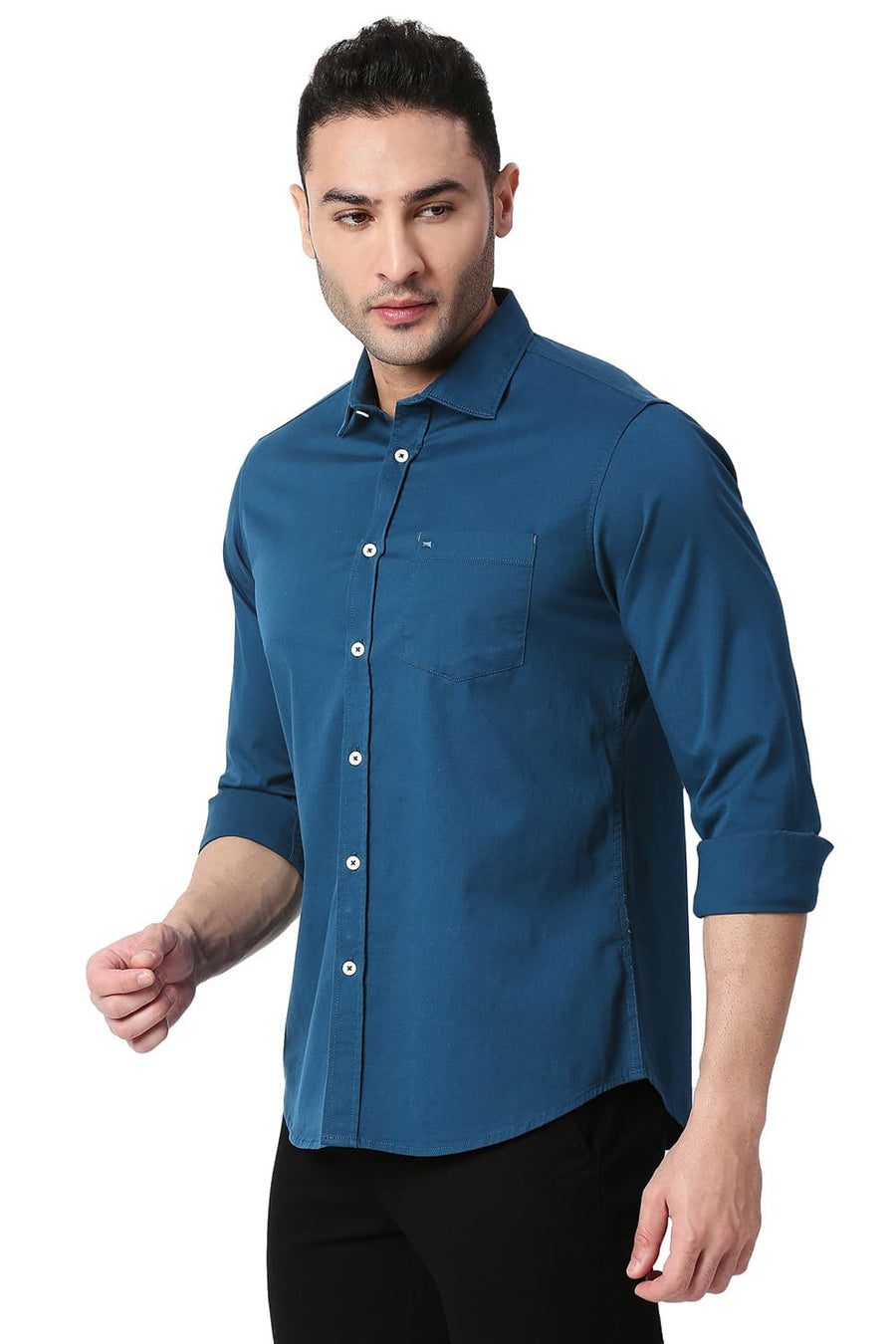 BASICS SLIM FIT SAILOR BLUE COTTON TWILL STRETCH SHIRT
