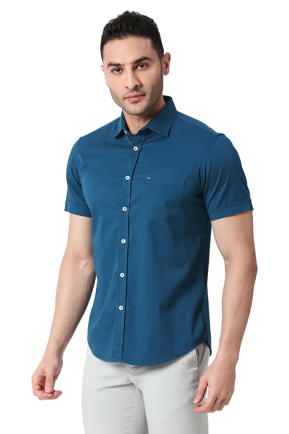 BASICS SLIM FIT COTTON TWILL STRETCH HALFSLEEVES SHIRT