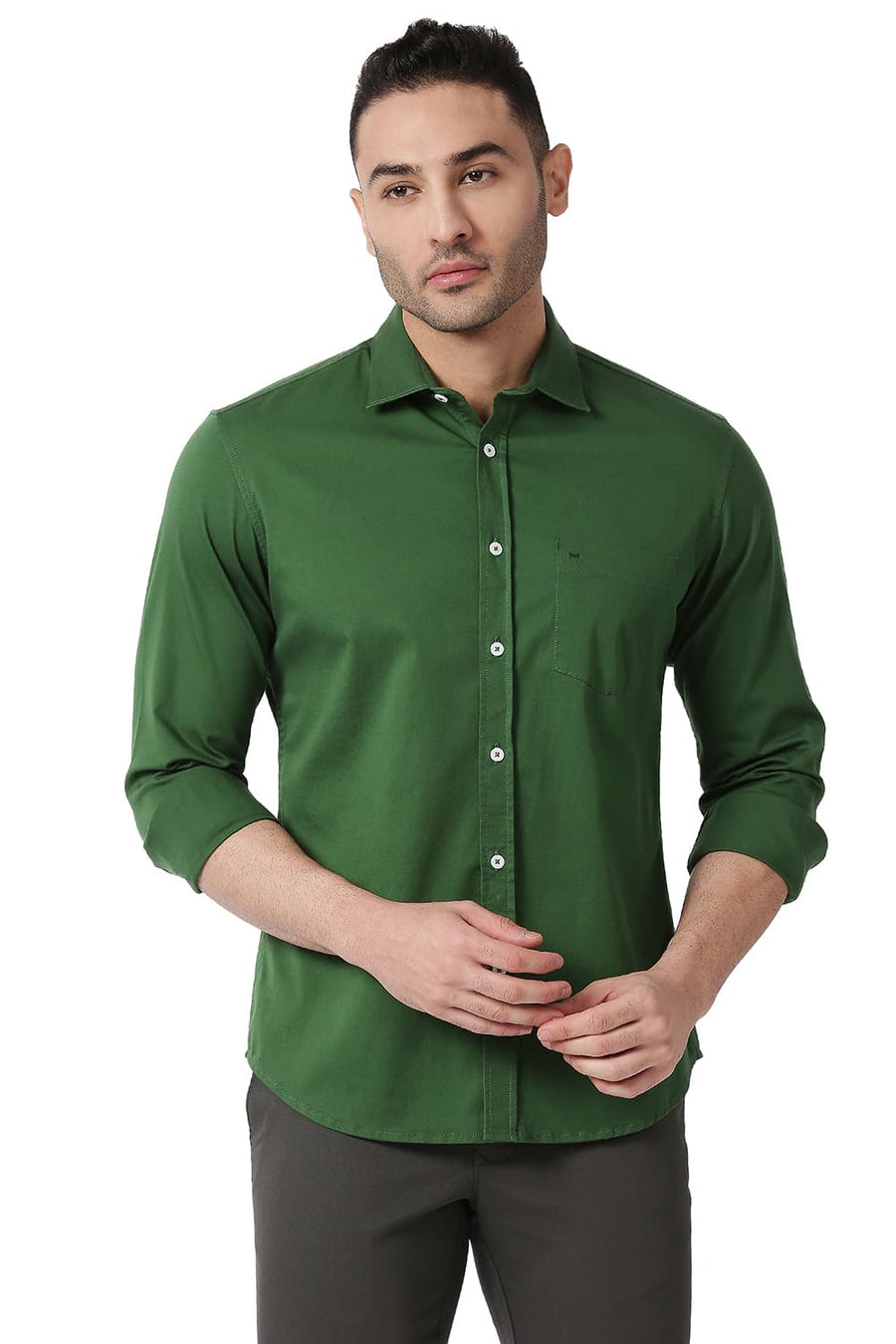 BASICS SLIM FIT EDEN GREEN COTTON TWILL STRETCH SHIRT