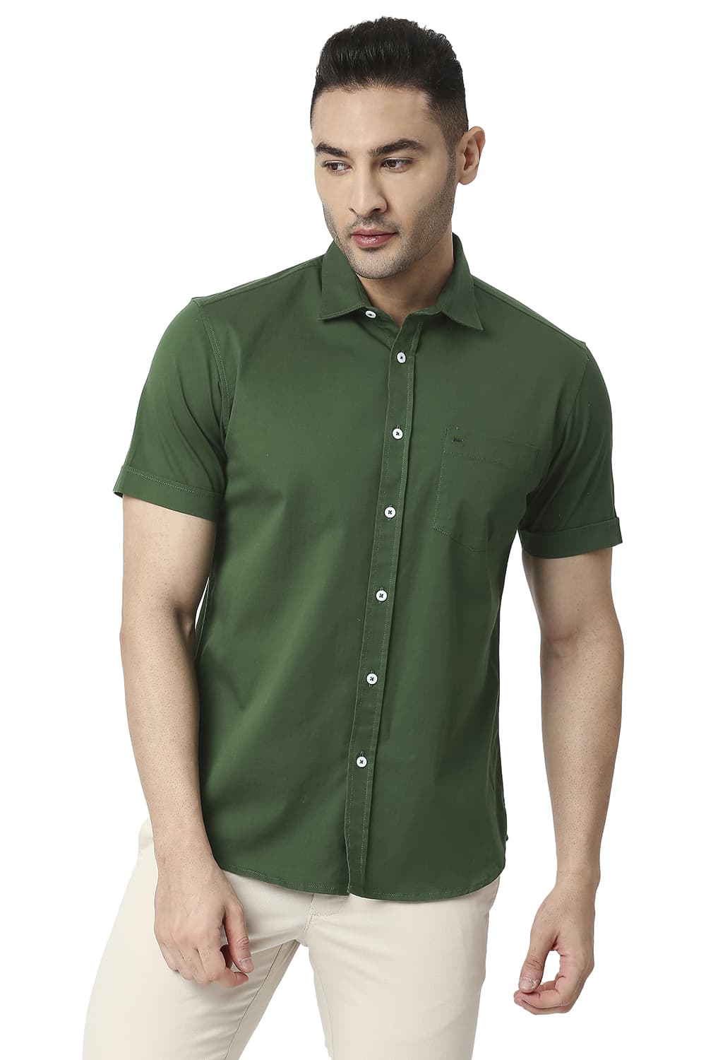 BASICS SLIM FIT COTTON TWILL STRETCH HALFSLEEVES SHIRT