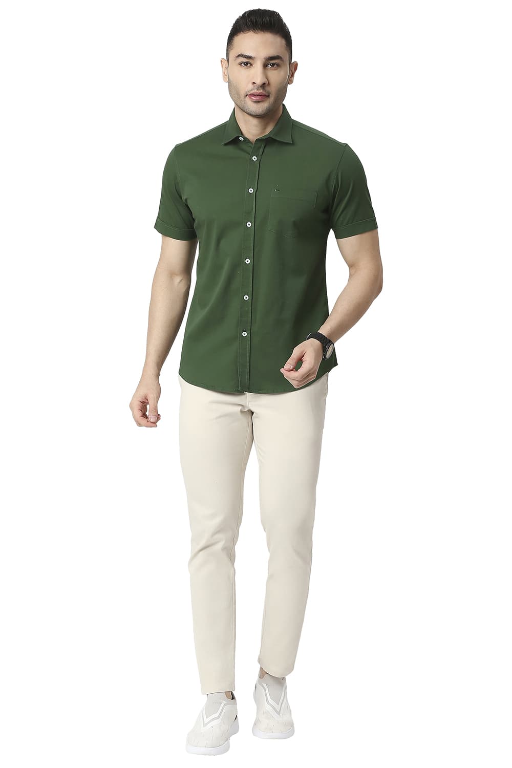 BASICS SLIM FIT COTTON TWILL STRETCH HALFSLEEVES SHIRT