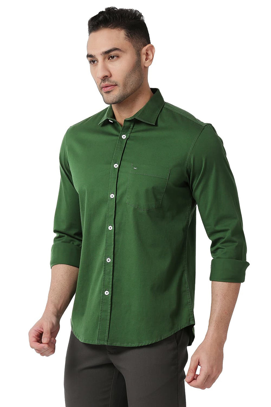 BASICS SLIM FIT EDEN GREEN COTTON TWILL STRETCH SHIRT