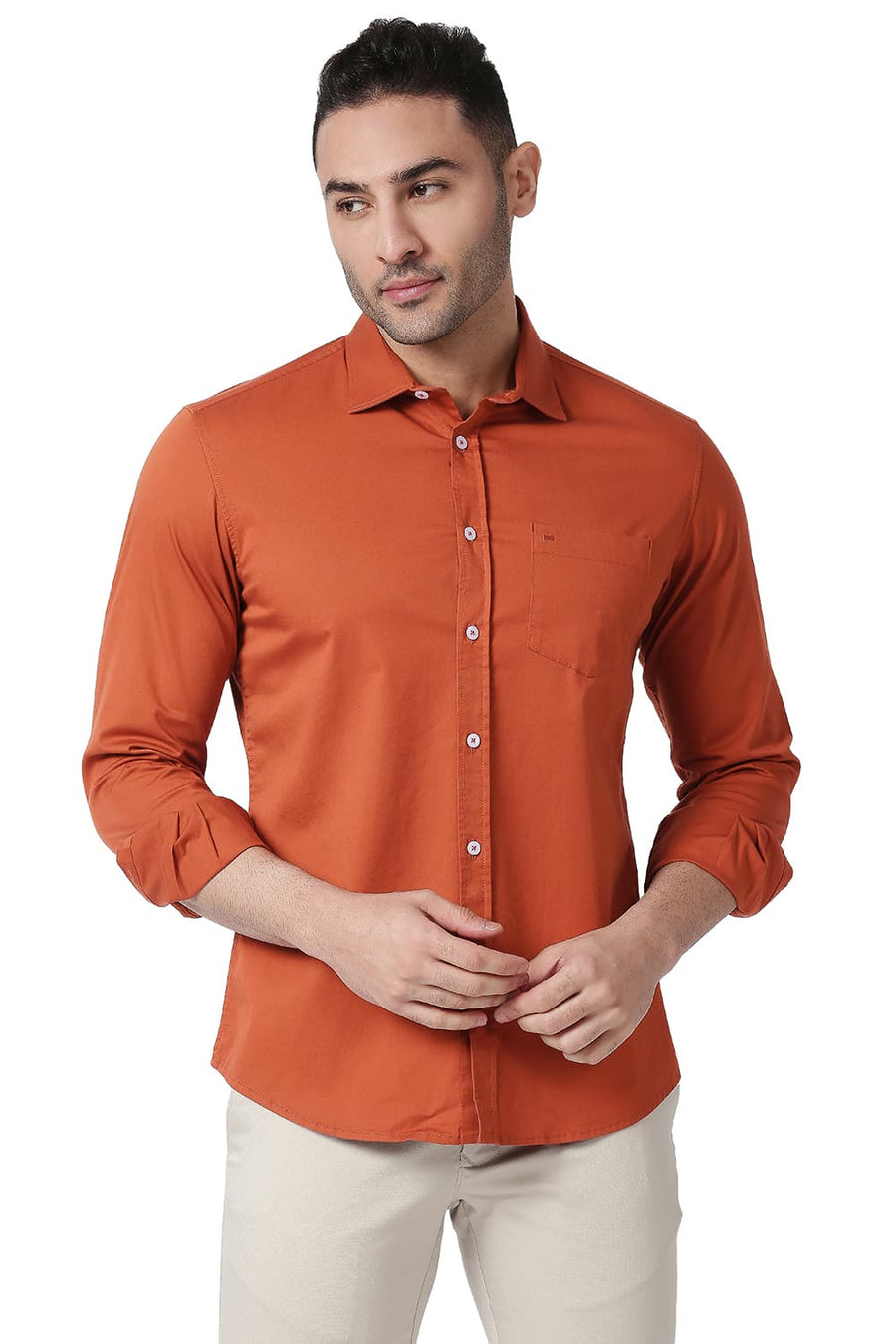 BASICS SLIM FIT BURNT ORANGE COTTON TWILL STRETCH SHIRT