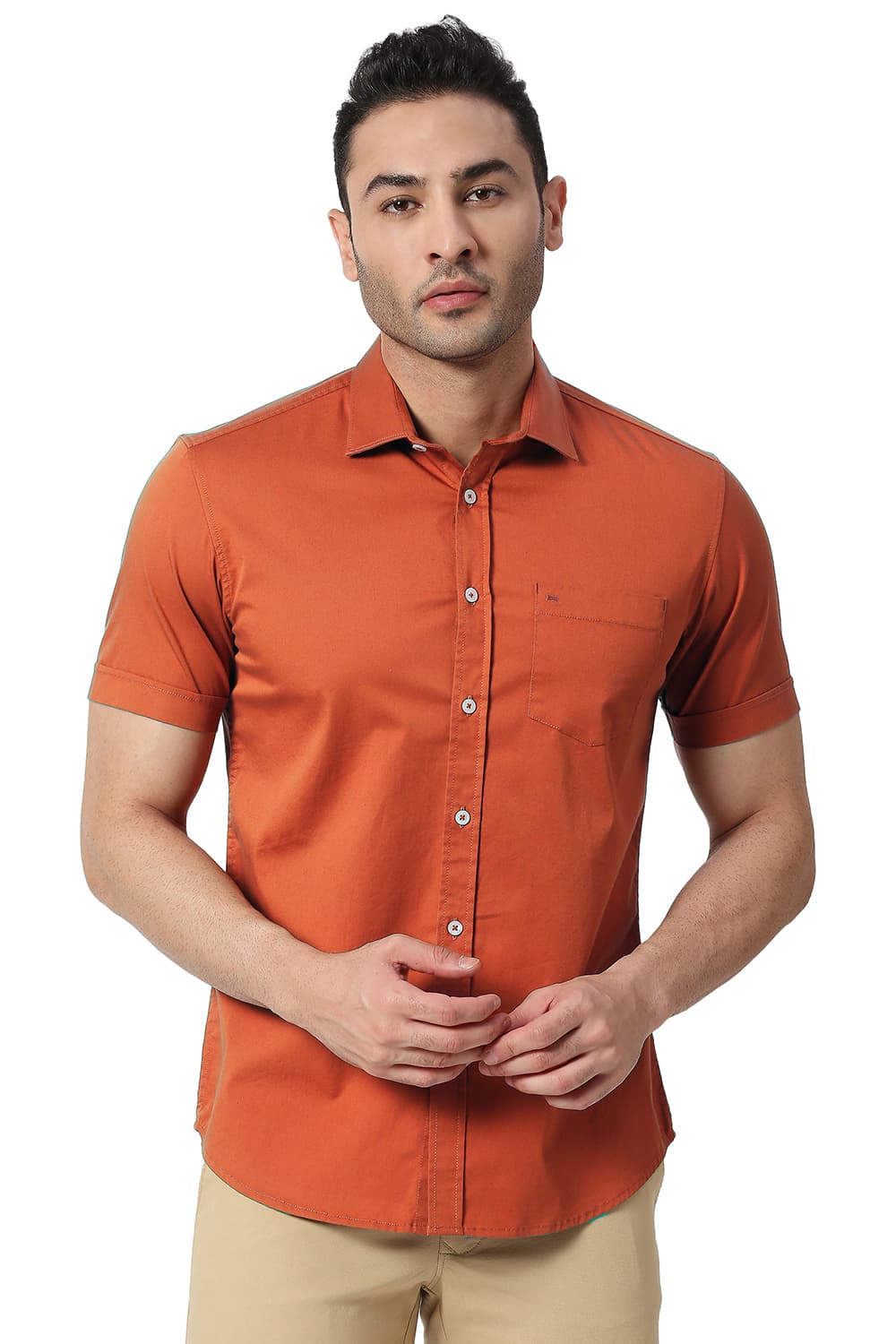 BASICS SLIM FIT COTTON TWILL STRETCH HALFSLEEVES SHIRT