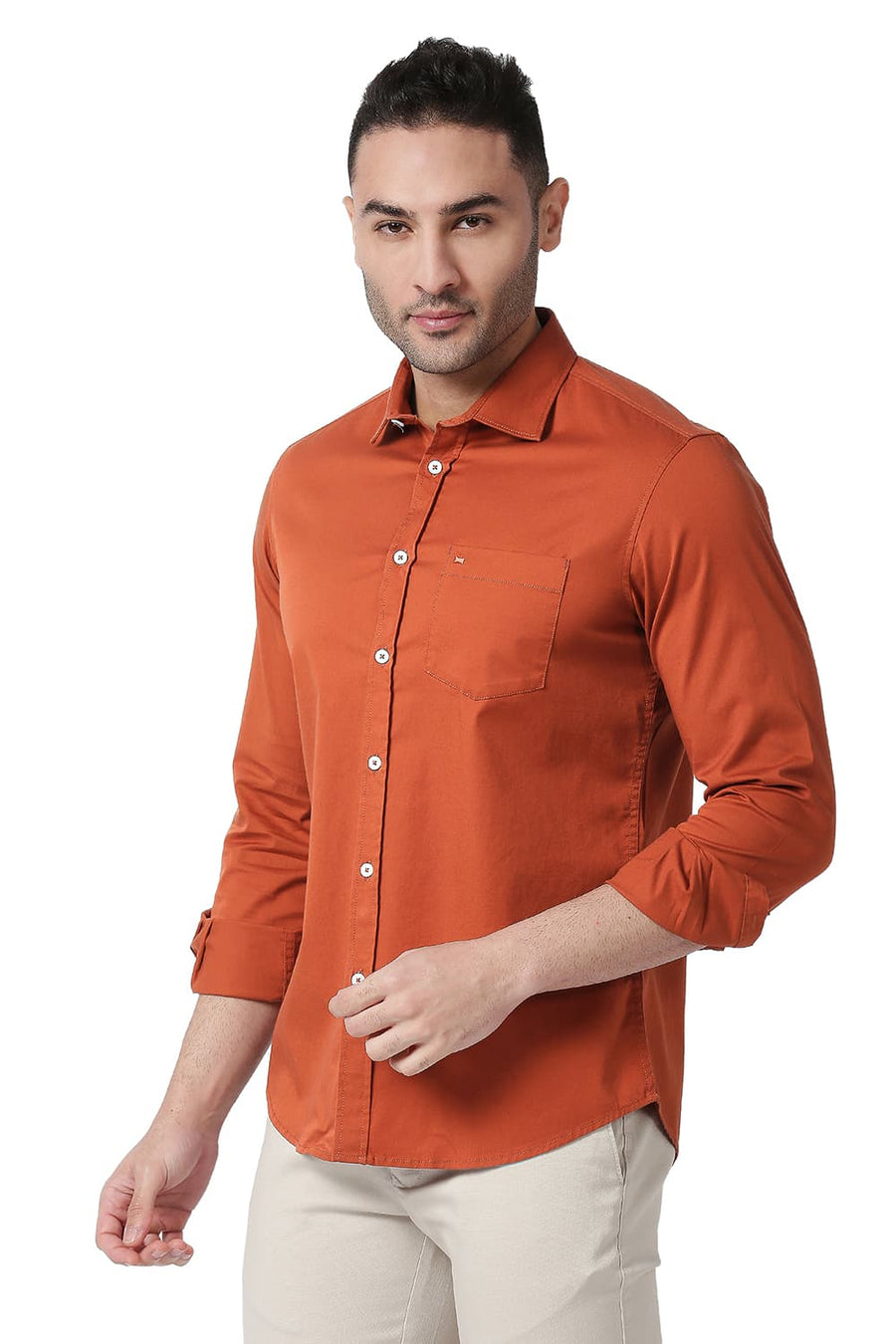BASICS SLIM FIT BURNT ORANGE COTTON TWILL STRETCH SHIRT