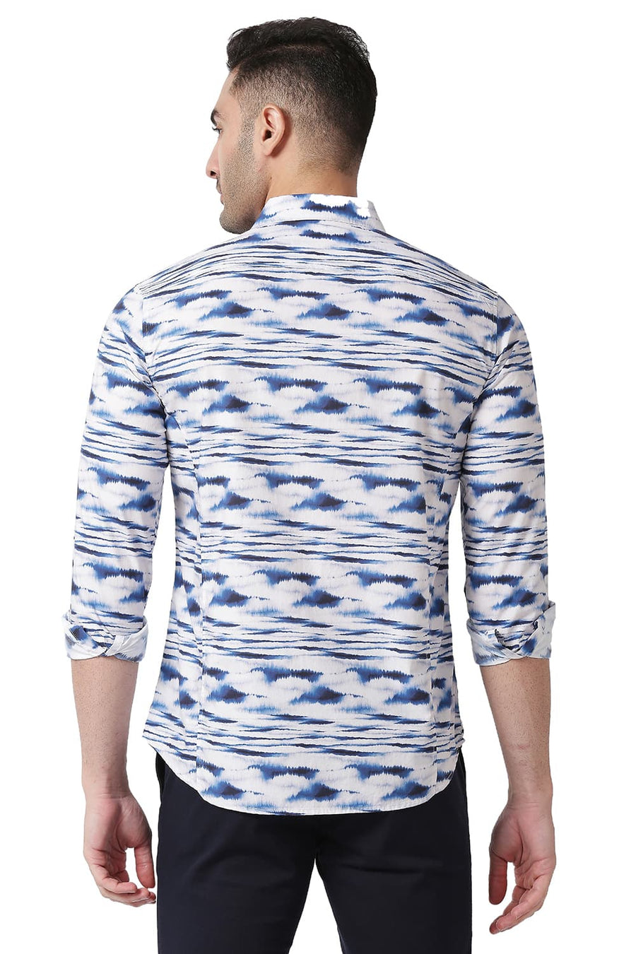 BASICS SLIM FIT DAPHNE BLUE COTTON POPLIN DIGITAL PRINTED SHIRT
