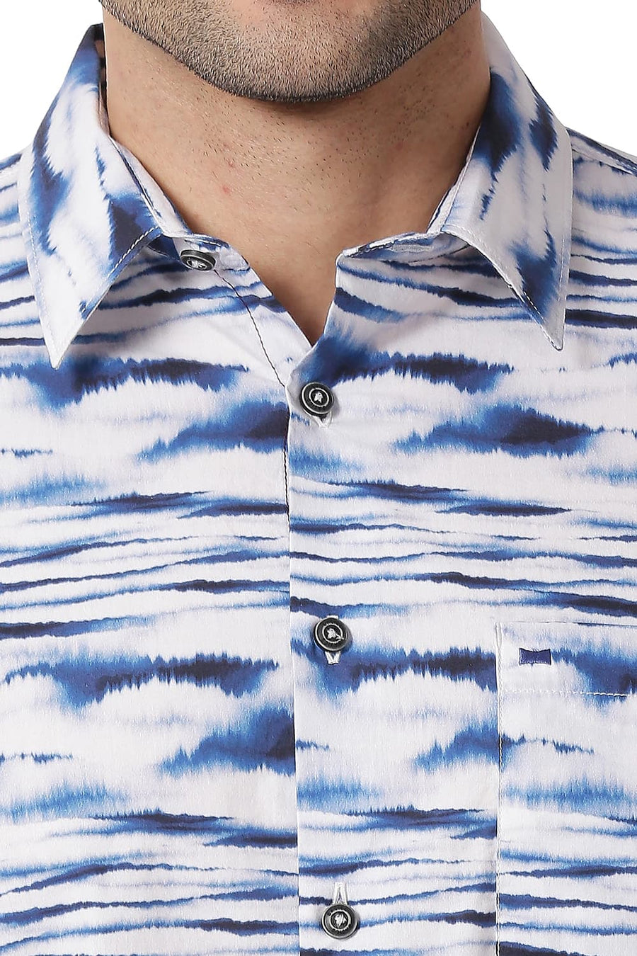 BASICS SLIM FIT DAPHNE BLUE COTTON POPLIN DIGITAL PRINTED SHIRT