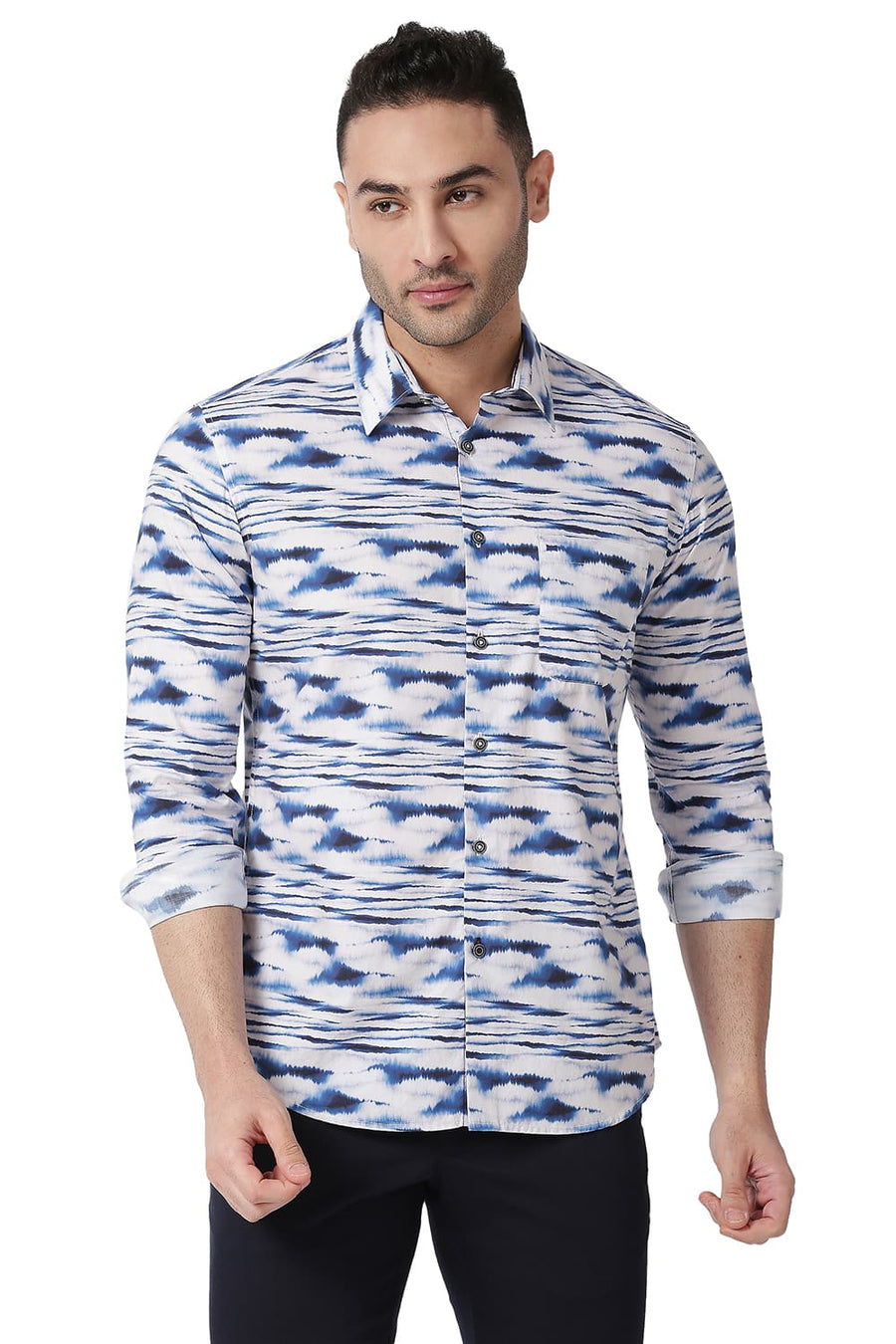 BASICS SLIM FIT DAPHNE BLUE COTTON POPLIN DIGITAL PRINTED SHIRT