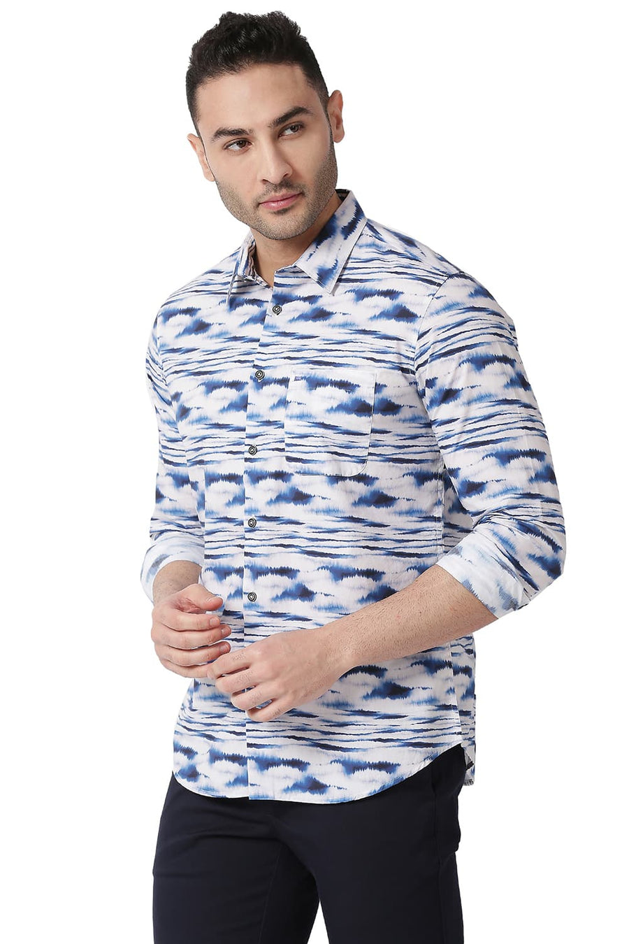 BASICS SLIM FIT DAPHNE BLUE COTTON POPLIN DIGITAL PRINTED SHIRT