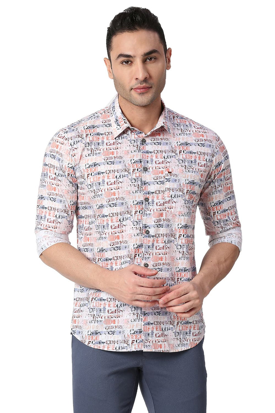 BASICS SLIM FIT BURLWOOD MAROON COTTON POPLIN DIGITAL PRINTED SHIRT