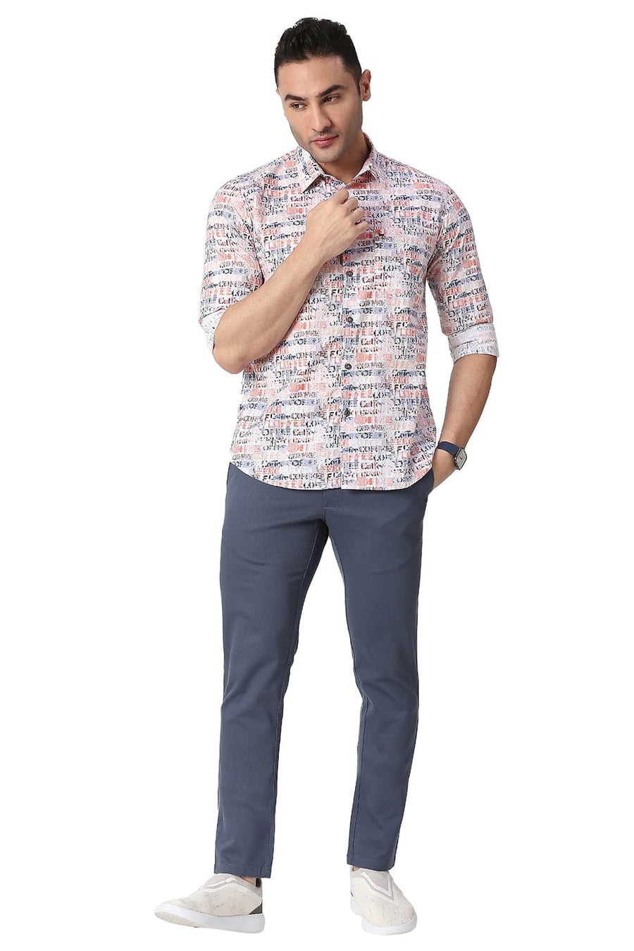 BASICS SLIM FIT BURLWOOD MAROON COTTON POPLIN DIGITAL PRINTED SHIRT
