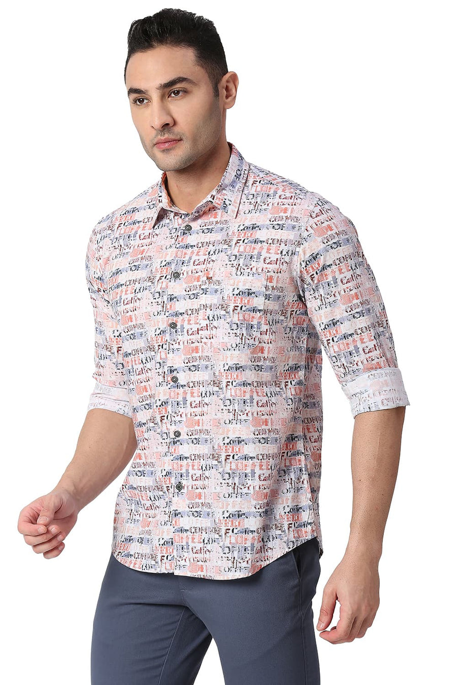 BASICS SLIM FIT BURLWOOD MAROON COTTON POPLIN DIGITAL PRINTED SHIRT