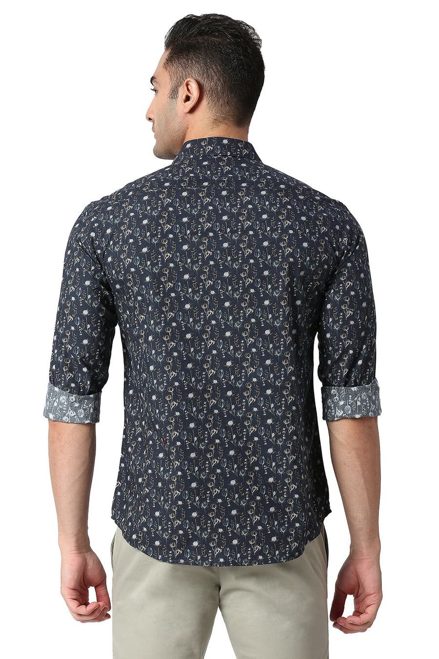 BASICS SLIM FIT INSIGNIA NAVY COTTON POPLIN DIGITAL PRINTED SHIRT