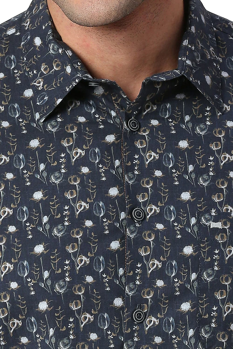 BASICS SLIM FIT INSIGNIA NAVY COTTON POPLIN DIGITAL PRINTED SHIRT