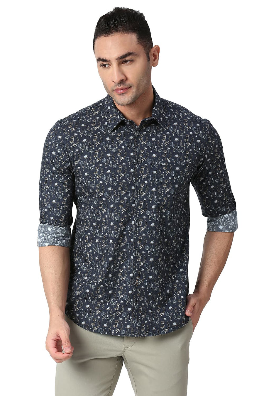 BASICS SLIM FIT INSIGNIA NAVY COTTON POPLIN DIGITAL PRINTED SHIRT