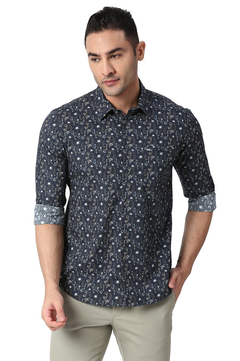 BASICS SLIM FIT COTTON POPLIN DIGITAL PRINTED SHIRT