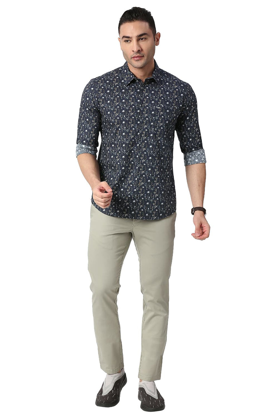 BASICS SLIM FIT INSIGNIA NAVY COTTON POPLIN DIGITAL PRINTED SHIRT