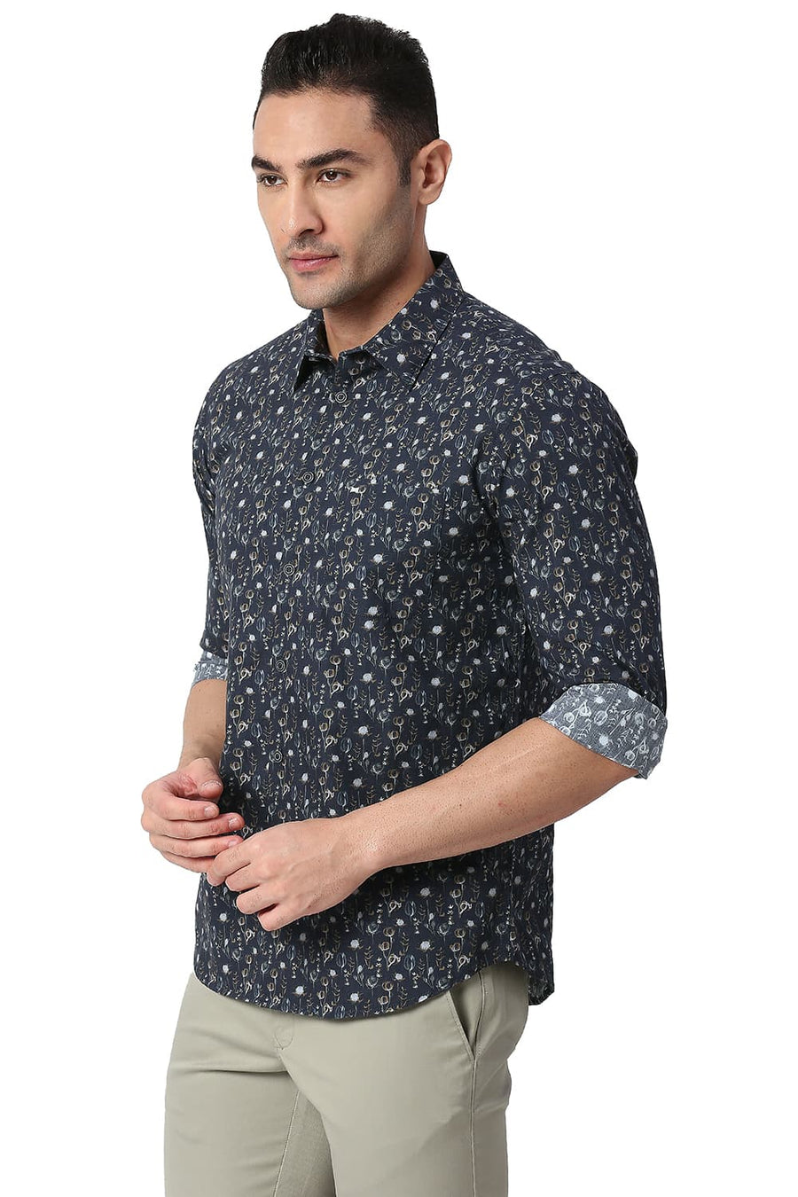 BASICS SLIM FIT INSIGNIA NAVY COTTON POPLIN DIGITAL PRINTED SHIRT