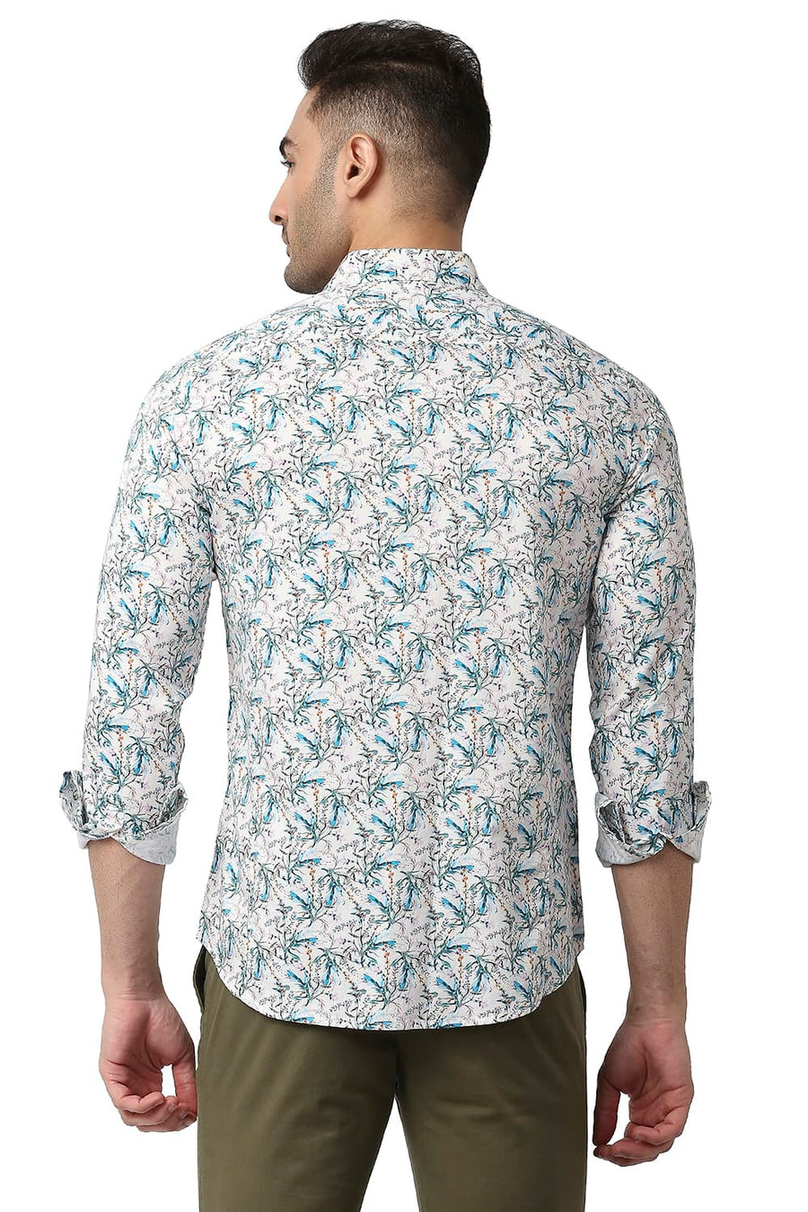 BASICS SLIM FIT ARTIC BEIGE COTTON SATIN DIGITAL PRINTED SHIRT