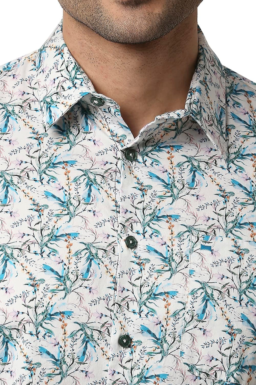 BASICS SLIM FIT ARTIC BEIGE COTTON SATIN DIGITAL PRINTED SHIRT