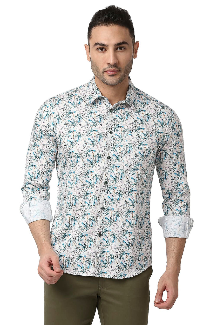 BASICS SLIM FIT ARTIC BEIGE COTTON SATIN DIGITAL PRINTED SHIRT