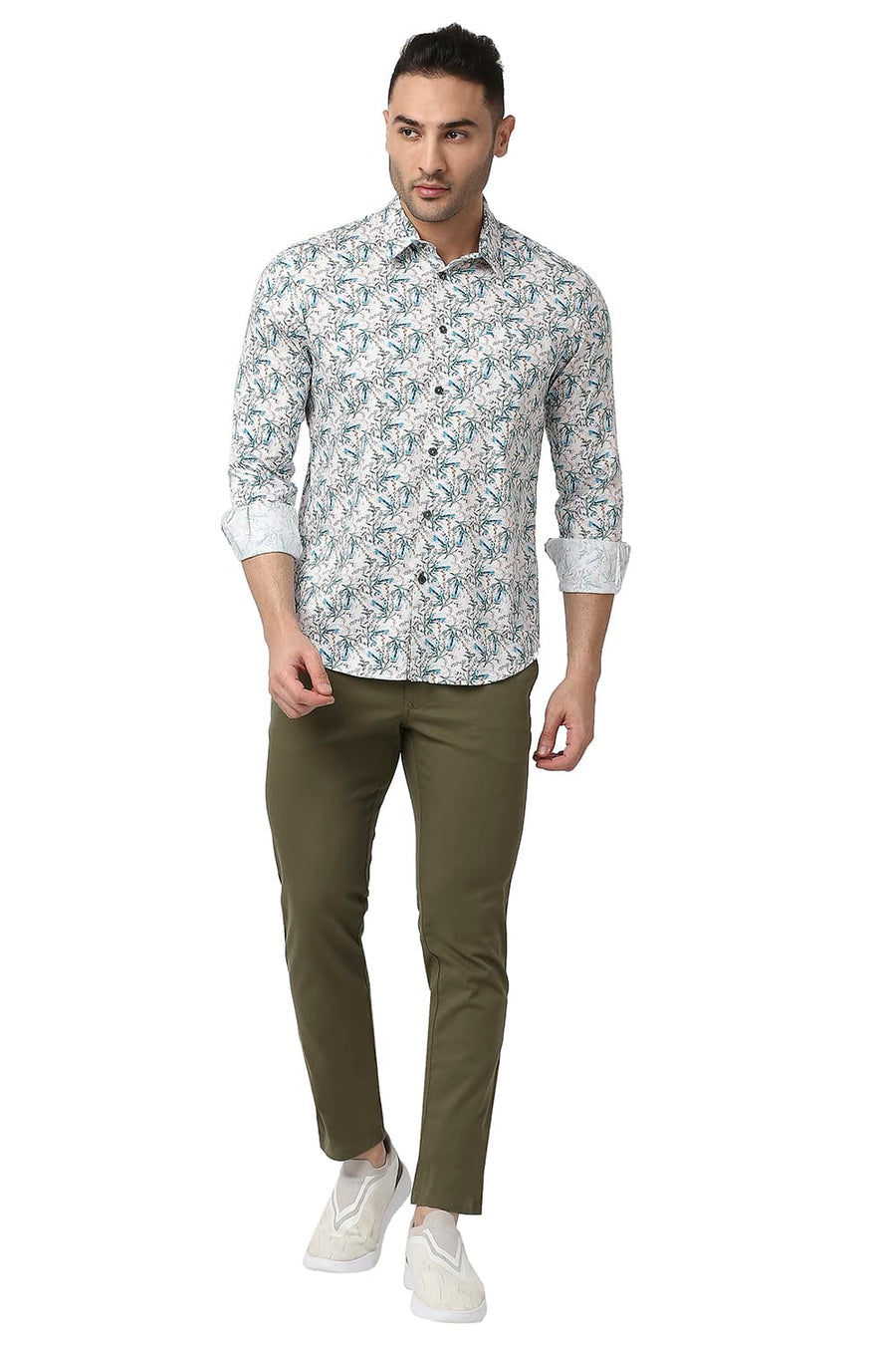 BASICS SLIM FIT ARTIC BEIGE COTTON SATIN DIGITAL PRINTED SHIRT