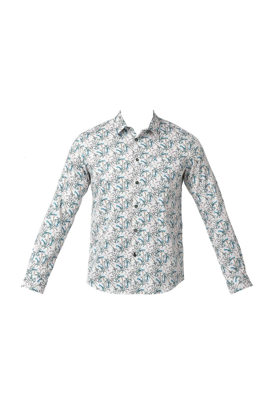 BASICS SLIM FIT ARTIC BEIGE COTTON SATIN DIGITAL PRINTED SHIRT