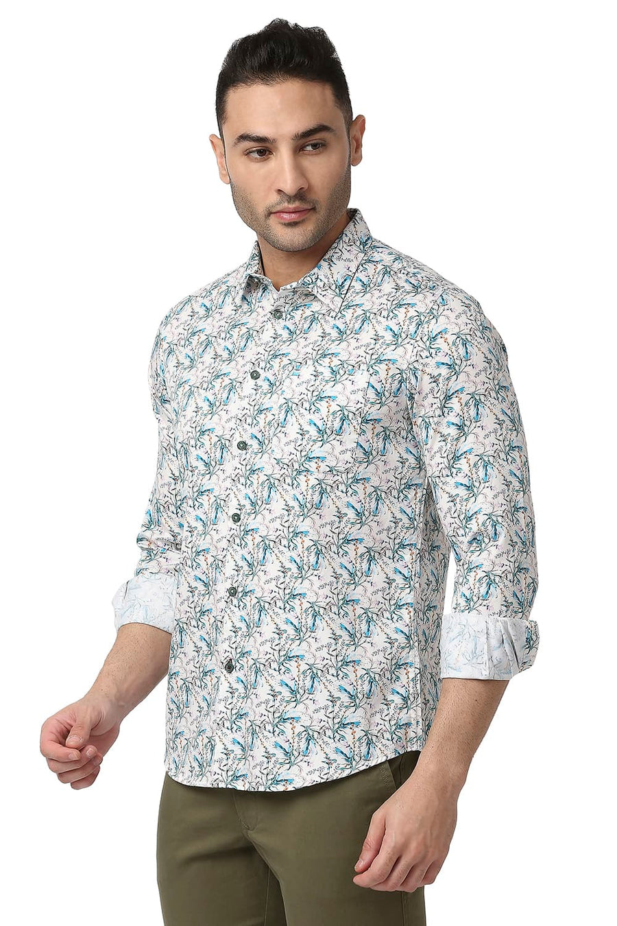 BASICS SLIM FIT ARTIC BEIGE COTTON SATIN DIGITAL PRINTED SHIRT