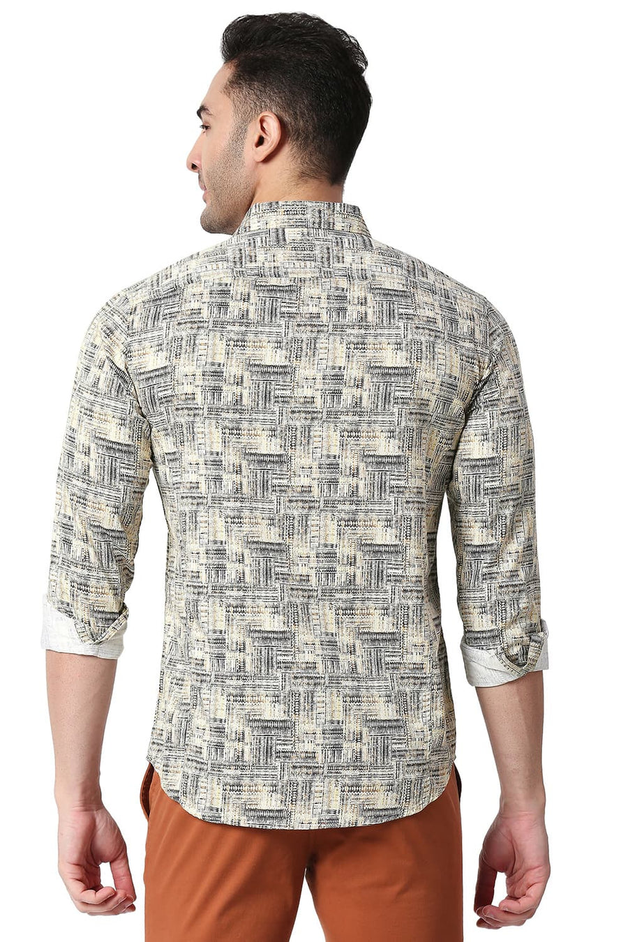 BASICS SLIM FIT ALMOND BEIGE COTTON SATIN DIGITAL PRINTED SHIRT