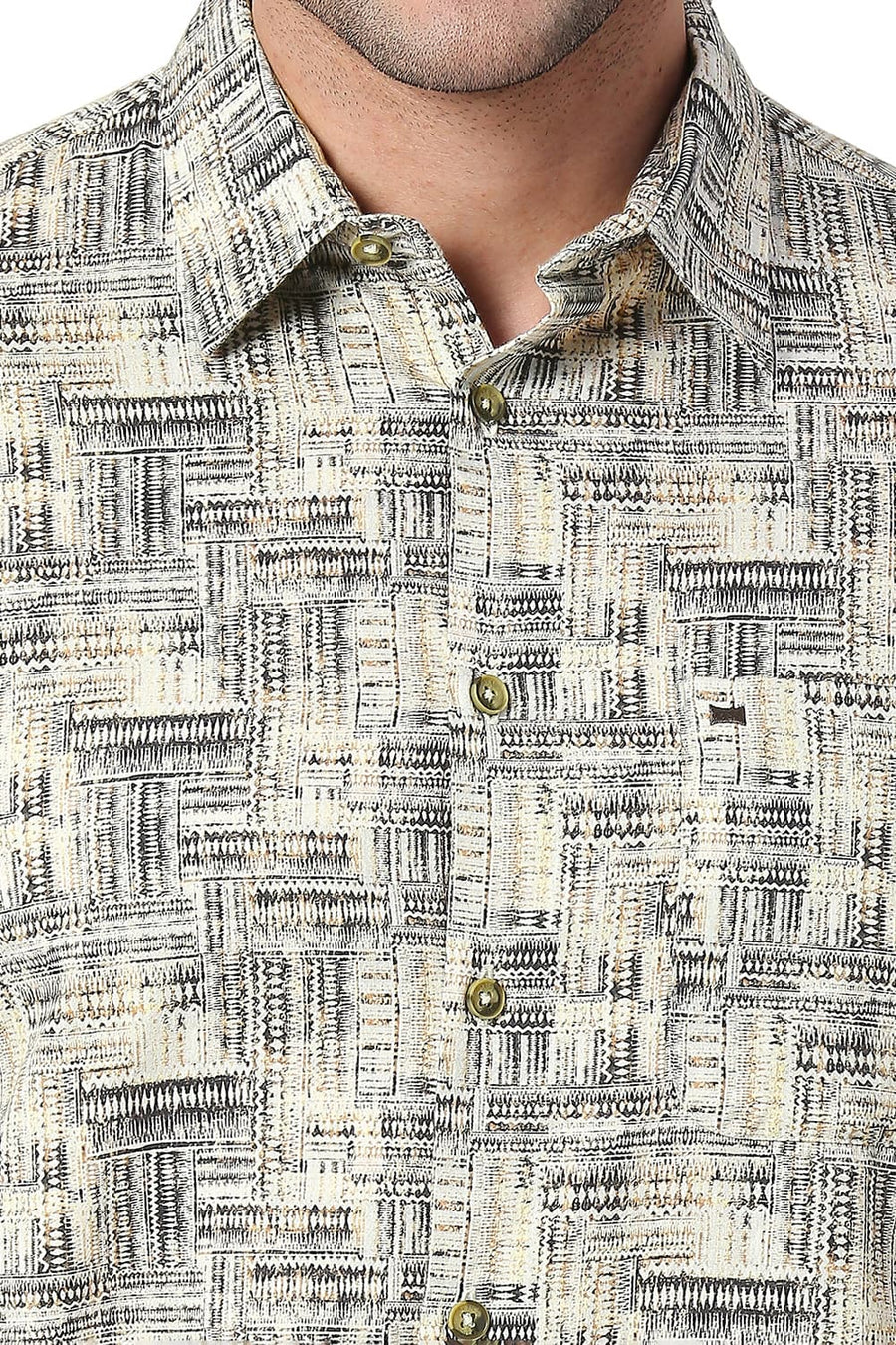 BASICS SLIM FIT ALMOND BEIGE COTTON SATIN DIGITAL PRINTED SHIRT