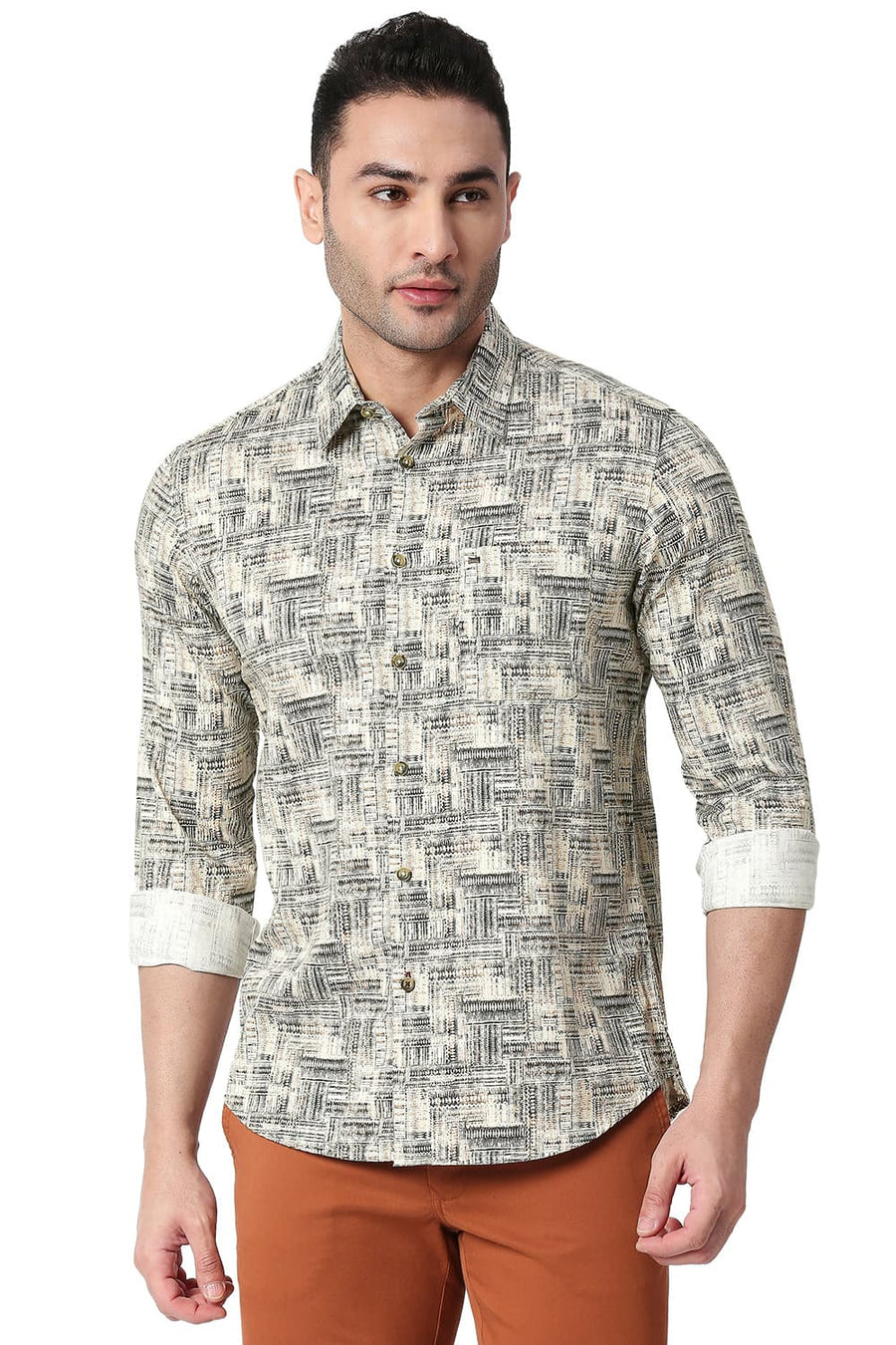 BASICS SLIM FIT ALMOND BEIGE COTTON SATIN DIGITAL PRINTED SHIRT