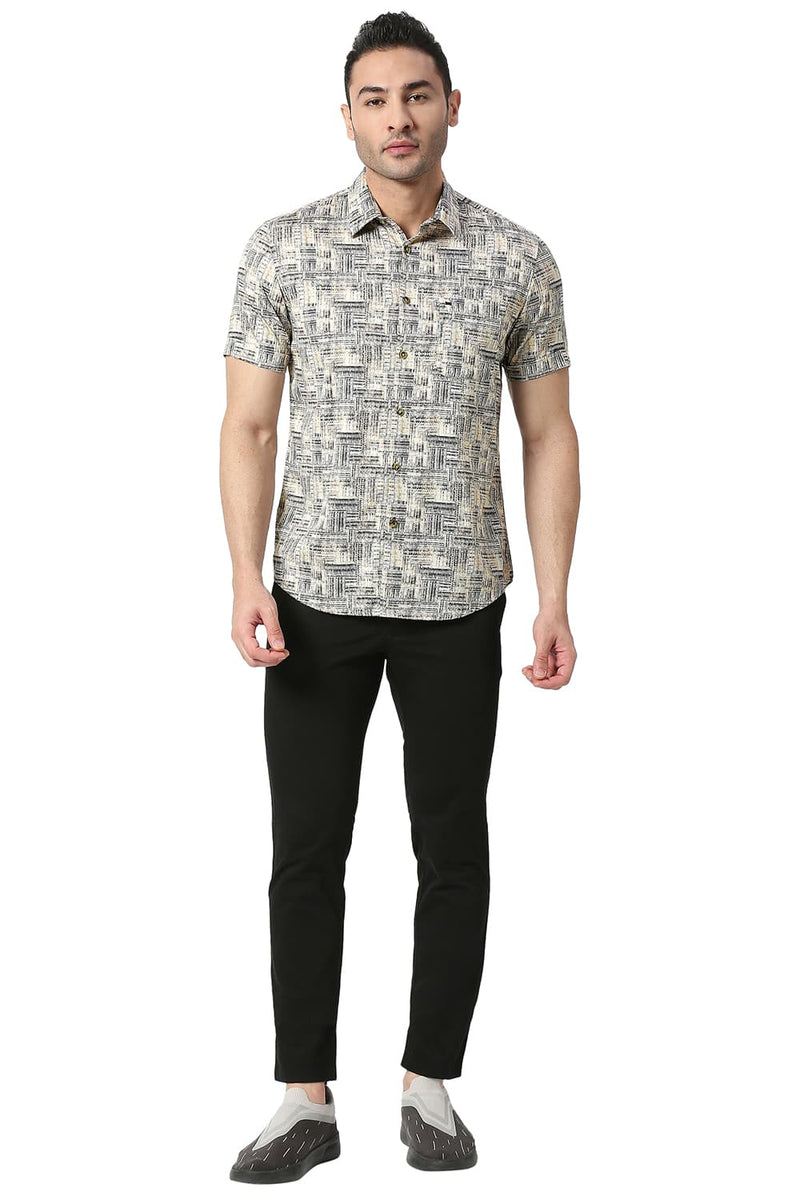 BASICS SLIM FIT COTTON SATIN DIGITAL PRINTED HALFSLEEVES SHIRT